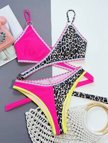 豹紋印花撞色滾邊比基尼泳裝 - 玫紅色 - 查看 4