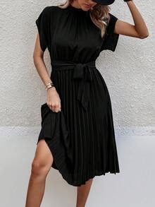SHEIN Clasi Solid Pleated Hem Belted Dress - Black - View 3