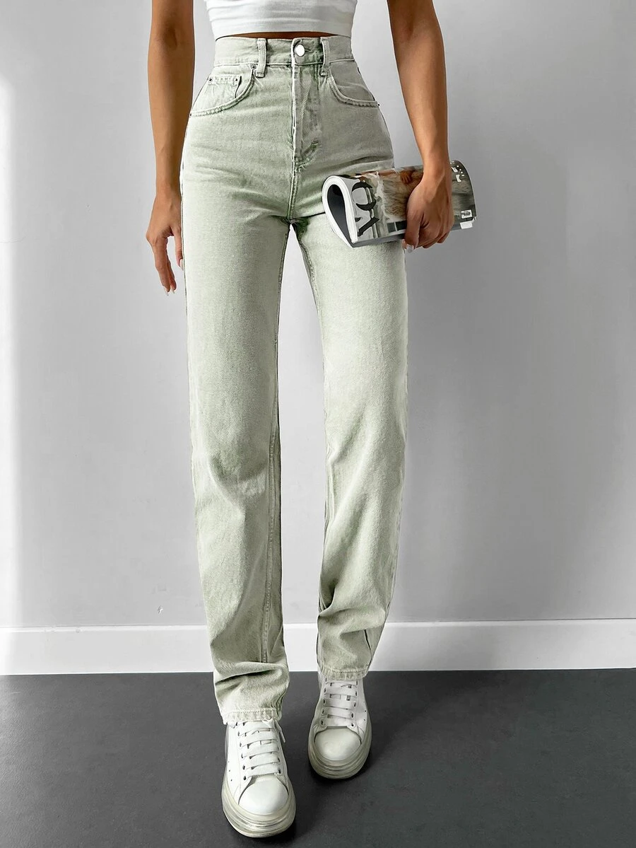 SHEIN PETITE Jeans de pierna recta con cremallera - verde menta - Ver 1