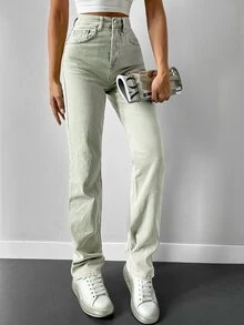 SHEIN PETITE Jeans de pierna recta con cremallera - verde menta - Ver 3