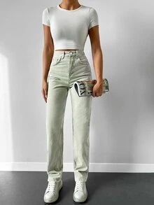 SHEIN PETITE Jeans de pierna recta con cremallera - verde menta - Ver 4