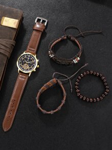 SHAARMS 1 Miếng Nâu PU Polyurethane Dây đeo Đúng mốt Tròn Quay số đồng hồ Quartz & 3pcs Vòng tay , Đối với Cuộc sống hàng ngày - Rỉ Nâu - Xem 4