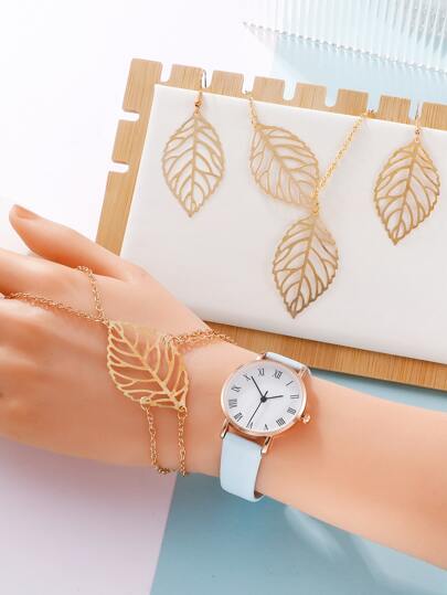 1 pieza Reloj cuarzo blanco poliuretano PU con tira de moda con diseño de diamante de imitación redondo de esfera & 4 piezas Set joya , para vida diaria