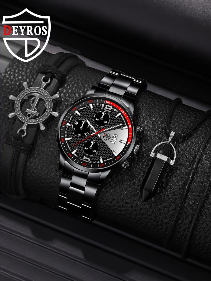 DEYROS 1 Đen Dây Thép Không Gỉ Ngày Kinh Doanh Mặt Tròn Đồng Hồ Thạch Anh & 2 Bộ Trang Sức, cho Cuộc Sống Hàng Ngày - màu đen - Xem 1