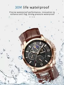 LIGE 1pc Brown Crocodile Embossed PU Polyurethane Strap Fashionable Round Dial Quartz Watch, For Daily Life Father