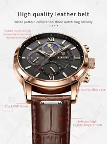LIGE 1pc Brown Crocodile Embossed PU Polyurethane Strap Fashionable Round Dial Quartz Watch, For Daily Life Father