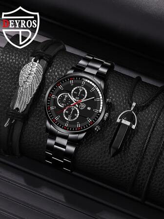 DEYROS 1入組黑色不銹鋼帶商業日期圓形錶盤石英表和2入組首飾套裝,適用於日常生活