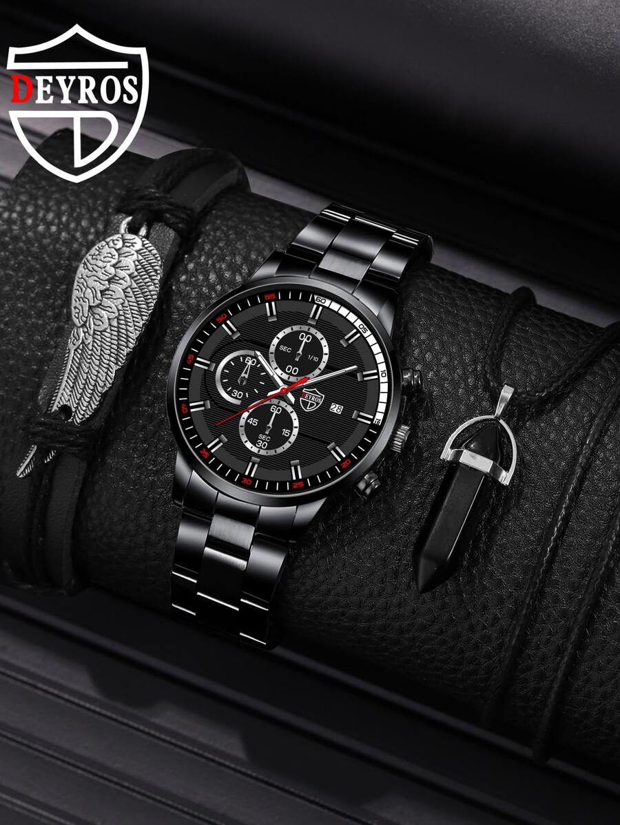 DEYROS 1入組黑色不銹鋼帶商業日期圓形錶盤石英表和2入組首飾套裝,適用於日常生活