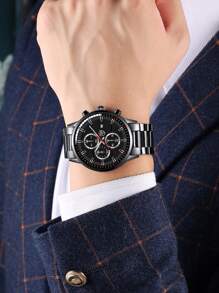 DEYROS 1入組黑色不銹鋼帶商業日期圓形錶盤石英表和2入組首飾套裝,適用於日常生活