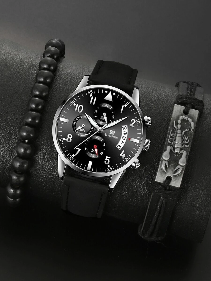 SHAARMS 1 Miếng Đen PU Polyurethane Dây đeo Làm Việc  Ngày Tròn Quay số đồng hồ Quartz & 2 Miếng Vòng tay , Đối với Cuộc sống hàng ngày - màu đen - Xem 1