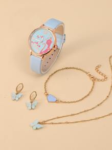 1入組女士藍色PU聚氨酯錶帶休閒圓形指針石英手錶和4入組蝴蝶裝飾首飾套裝適合日常生活 - 藍色 - 查看 3