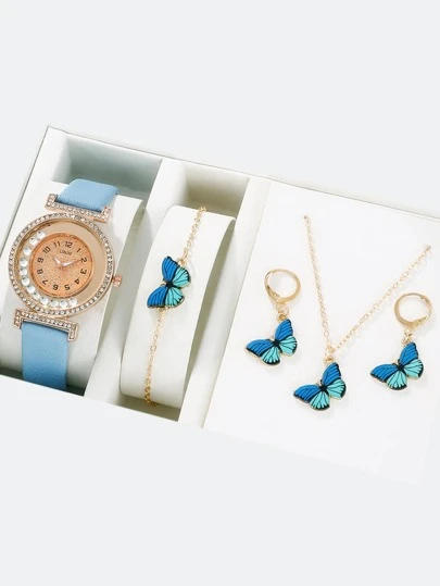 1 pieza Mujer poliuretano PU con tira de moda con diseño de diamante de imitación redondo Reloj cuarzo de esfera & 4 piezas Set joya para diariamente