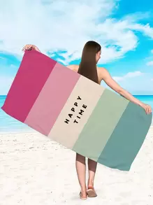 1 件字母條紋圖案超細纖維長方形沙灘巾 - 彩色 - 查看 1