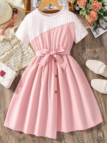 SHEIN Girls Striped Panel Belted Dress - Pink - View 1