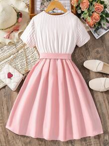 SHEIN Girls Striped Panel Belted Dress - Pink - View 2