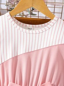 SHEIN Girls Striped Panel Belted Dress - Pink - View 3