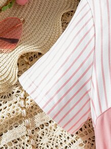 SHEIN Girls Striped Panel Belted Dress - Pink - View 5