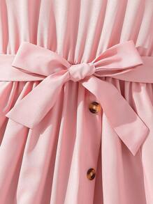 SHEIN Girls Striped Panel Belted Dress - Pink - View 6