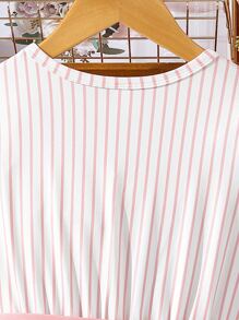 SHEIN Girls Striped Panel Belted Dress - Pink - View 7