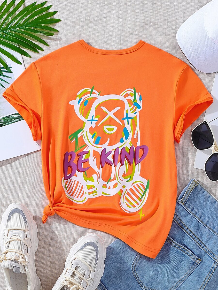 女孩熊和字母圖案T恤 - 橘色 - 查看 1