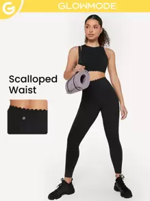 GLOWMODE 24" Yoga Leggings Scalloped Edges Waist Running Tights - Black - View 2