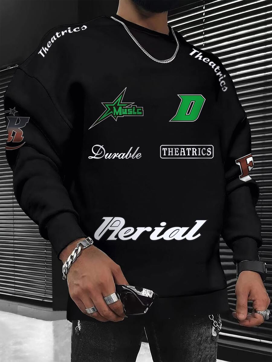 Manfinity LEGND 男士寬鬆字母圖案保暖滴肩運動衫,不含內搭衣 - 黑色 - 查看 1