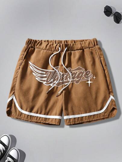 Guys Letter Graphic Drawstring Waist Shorts