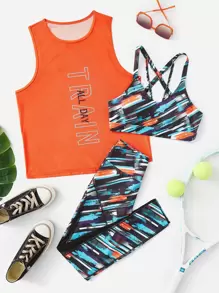 Easithlete 字母圖案運動型文胸和背心上衣和緊身打底褲 - 彩色 - 查看 1