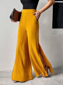 SHEIN Privé Split Thigh Wide Leg Trousers - Mustard Yellow - View 1