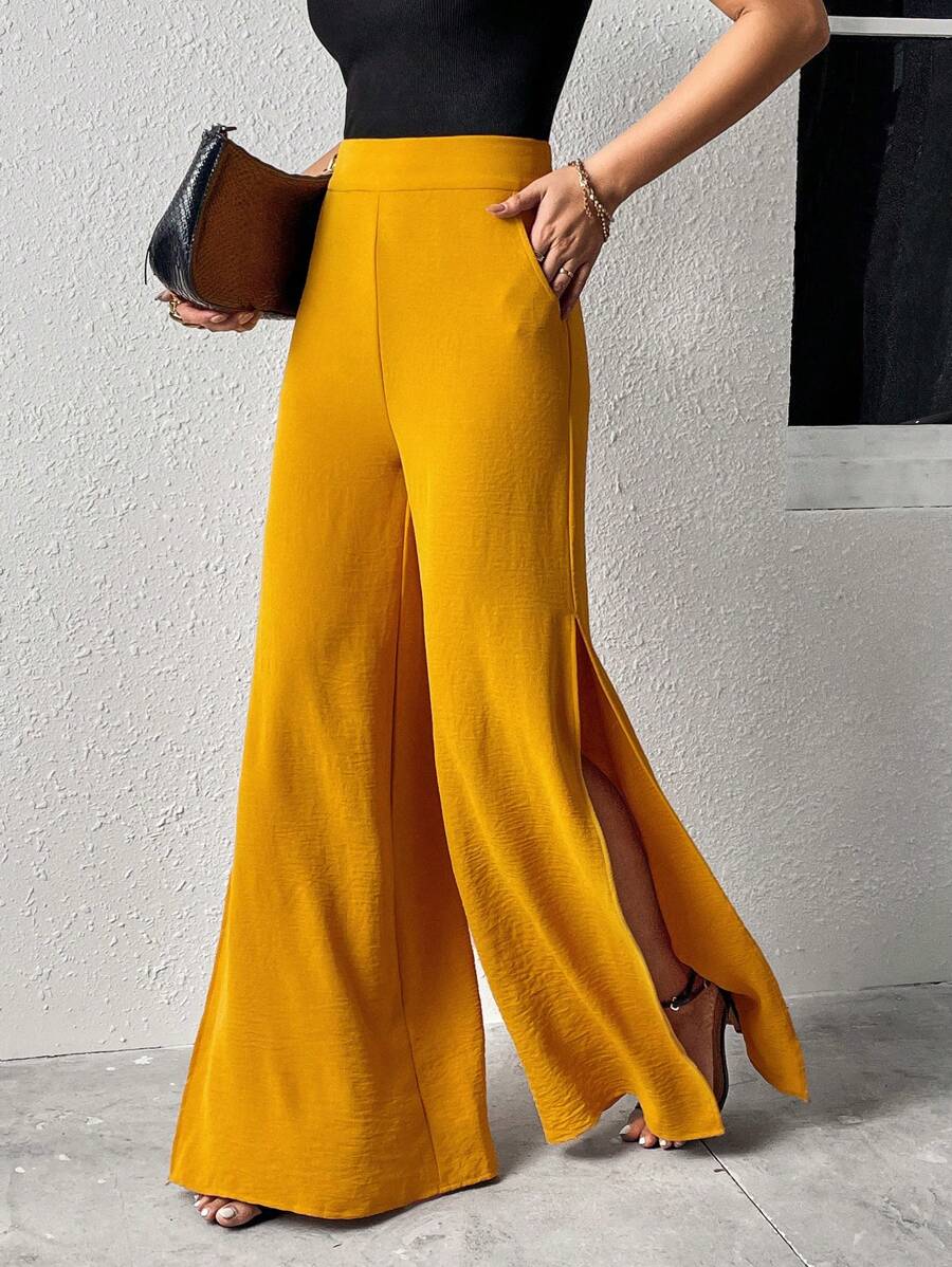 SHEIN Privé Split Thigh Wide Leg Trousers - Mustard Yellow - View 1