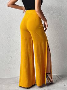 SHEIN Privé Split Thigh Wide Leg Trousers - Mustard Yellow - View 2