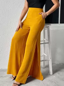 SHEIN Privé Split Thigh Wide Leg Trousers - Mustard Yellow - View 3
