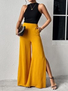 SHEIN Privé Split Thigh Wide Leg Trousers - Mustard Yellow - View 6