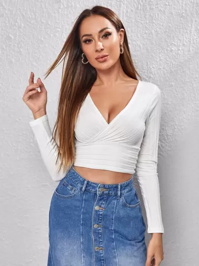 Firerie White Surplice Neck Rib-Knit Solid Crop Tee