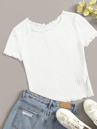 Summer White Ribbed Lettuce-Edge Form-Fitting Short Sleeves Top