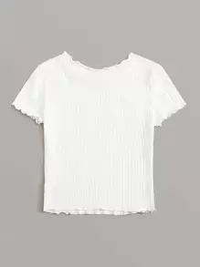 SHEIN EZwear 夏季白色肋紋萵苣邊修身短袖上衣