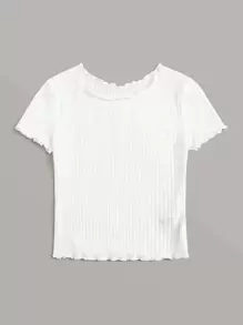 SHEIN EZwear 夏季白色肋紋萵苣邊修身短袖上衣