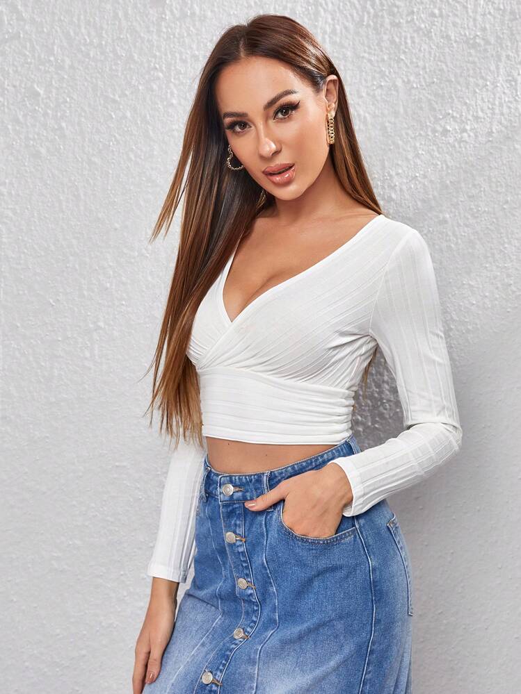 Firerie White Surplice Neck Rib-Knit Solid Crop Tee | SHEIN South