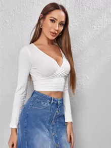 Firerie White Surplice Neck Rib-Knit Solid Crop Tee