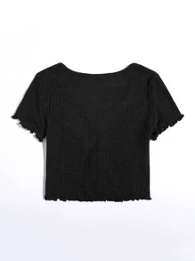 SHEIN EZwear Plus Buttoned Front Lettuce Trim Waffle Knit Tee - Black - View 2