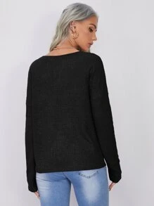 SHEIN LUNE Notched Neck Pocket Front Waffle Knit Top - Black - View 2