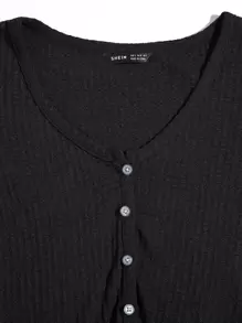 SHEIN EZwear Plus Buttoned Front Lettuce Trim Waffle Knit Tee - Black - View 3