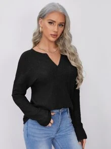 SHEIN LUNE Notched Neck Pocket Front Waffle Knit Top - Black - View 3