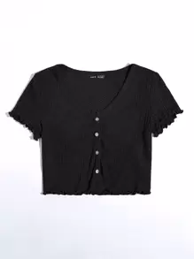 SHEIN EZwear Plus Buttoned Front Lettuce Trim Waffle Knit Tee - Black - View 4