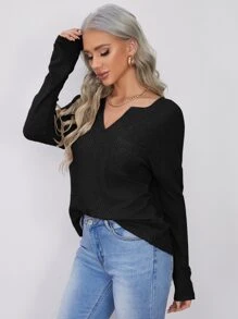 SHEIN LUNE Notched Neck Pocket Front Waffle Knit Top - Black - View 5