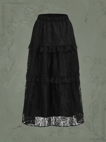 ROMWE Goth Falda con encaje de talle alto bajo con fruncido - Negro - Ver 1