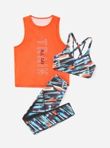 Easithlete 字母圖案運動型文胸和背心上衣和緊身打底褲 - 彩色 - 查看 3