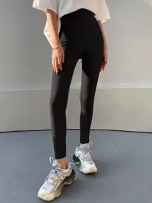 DAZY 简约纯色长款打底裤，时尚休闲，适合运动和日常穿着，秋季必备紧身裤 - 黑色 - 查看 5