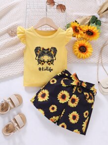 SHEIN Bộ thời trang bé gái Xù Con số Hoa Dễ thương - Nhiều màu - Xem 1