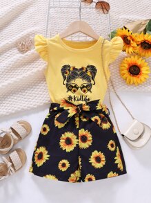 SHEIN Bộ thời trang bé gái Xù Con số Hoa Dễ thương - Nhiều màu - Xem 6